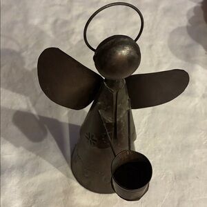 Mexican Artesanal Metal Angel Candle Holder Halo and Wings Copper Metal Vintage